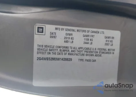 1998 Buick Century Custom from USA, damaged, VIN 2G4WS52M3W1426629